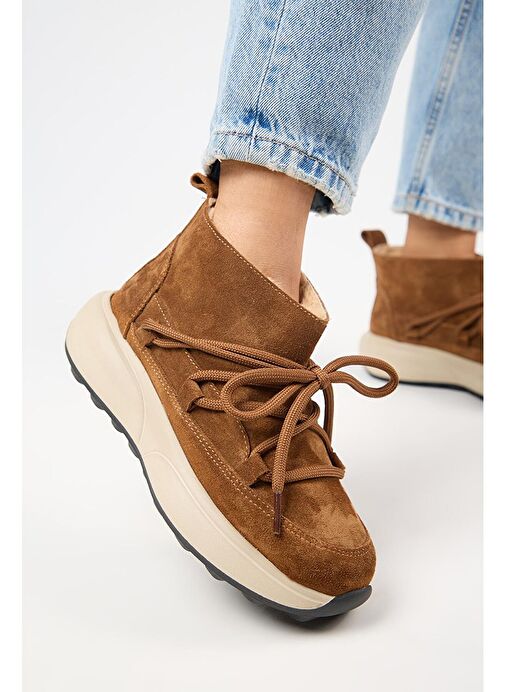 Manijero (Palmira) Kadın Hakiki Deri İçi Kürklü Bağcıklı Mini Taba Bot - Görsel 5