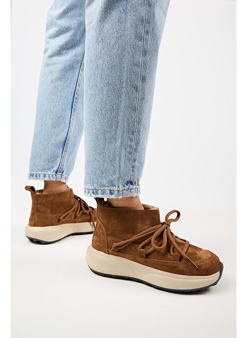 Manijero (Palmira) Kadın Hakiki Deri İçi Kürklü Bağcıklı Mini Taba Bot - Görsel 7