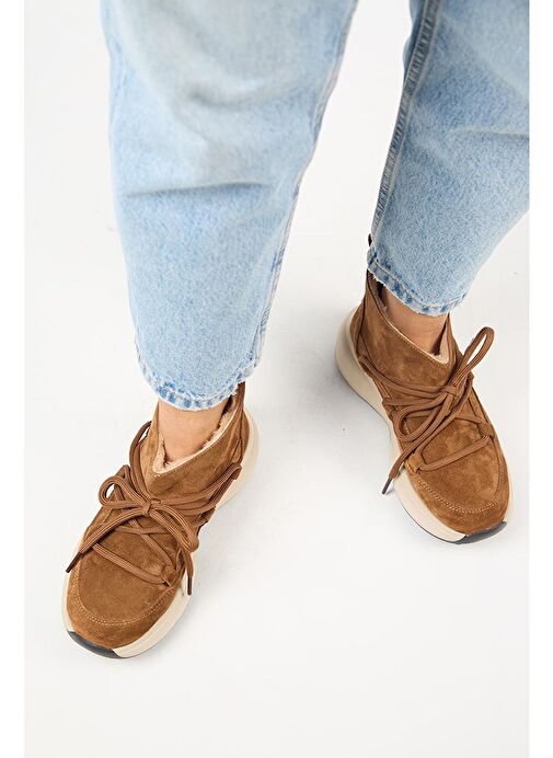 Manijero (Palmira) Kadın Hakiki Deri İçi Kürklü Bağcıklı Mini Taba Bot - Görsel 8