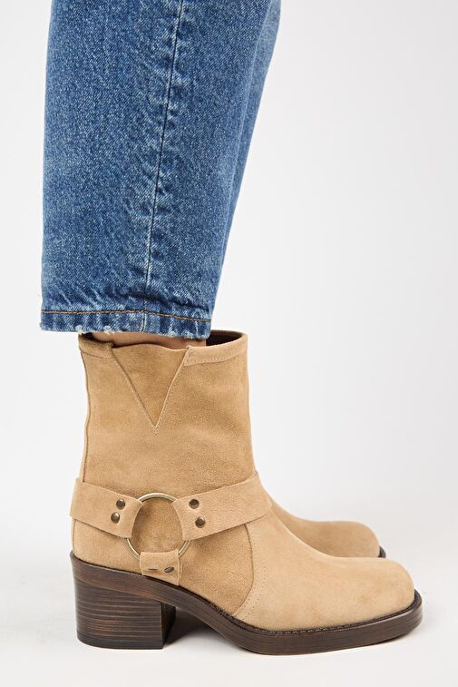 Manijero (Livia) Kadın Hakiki Deri Biker Kum Bot - Görsel 2