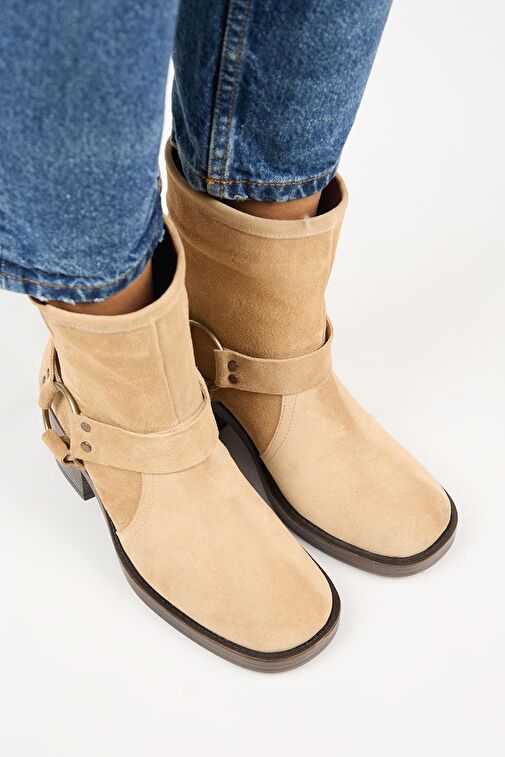 Manijero (Livia) Kadın Hakiki Deri Biker Kum Bot - Görsel 3