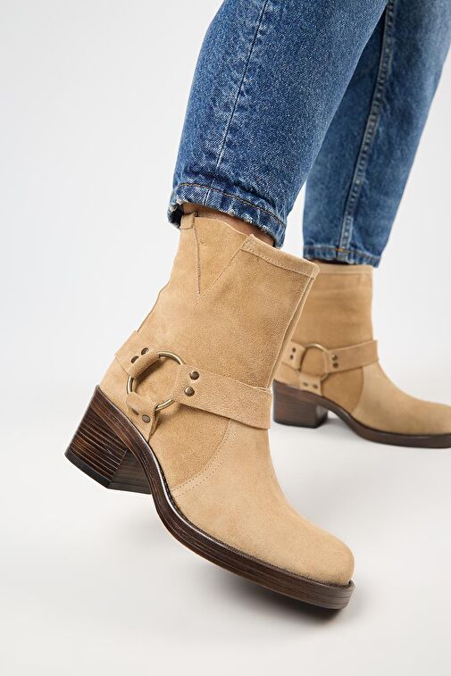 Manijero (Livia) Kadın Hakiki Deri Biker Kum Bot - Görsel 5