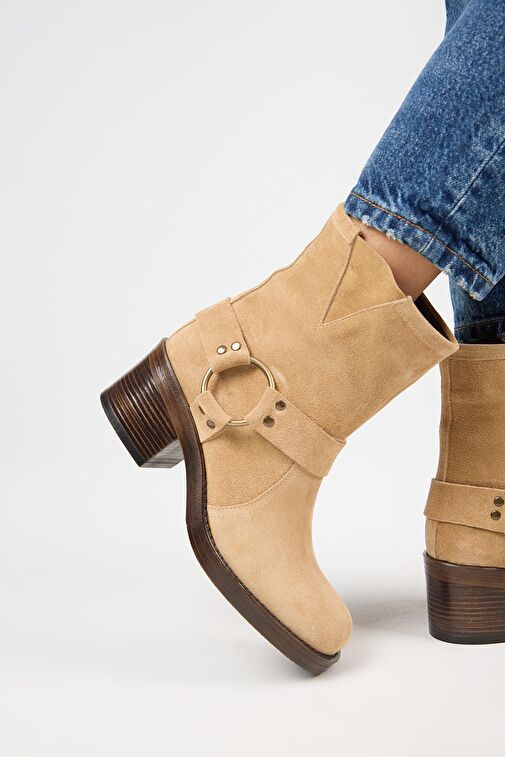 Manijero (Livia) Kadın Hakiki Deri Biker Kum Bot - Görsel 6