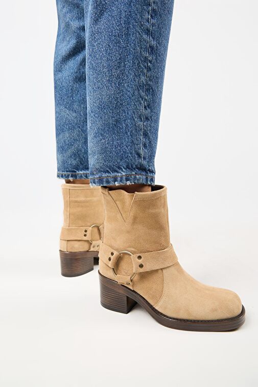 Manijero (Livia) Kadın Hakiki Deri Biker Kum Bot - Görsel 7