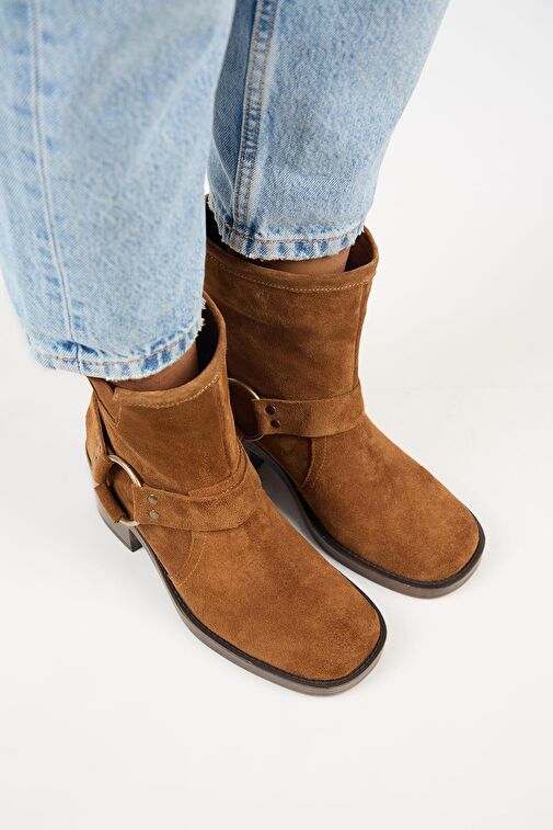 Manijero (Livia) Kadın Hakiki Deri Biker Taba Bot - Görsel 3