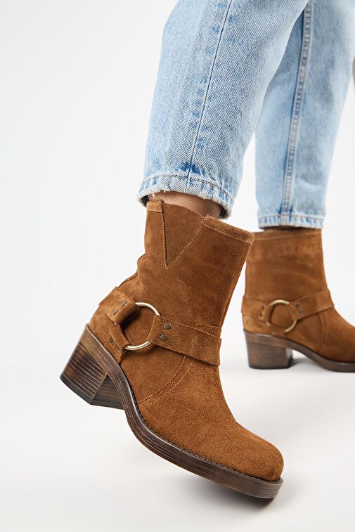 Manijero (Livia) Kadın Hakiki Deri Biker Taba Bot - Görsel 5