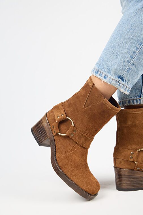 Manijero (Livia) Kadın Hakiki Deri Biker Taba Bot - Görsel 6