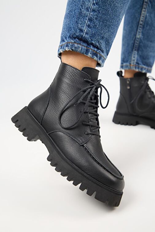 Manijero (Valentina) Kadın Hakiki Deri Bağcıklı Siyah Bot - Görsel 5