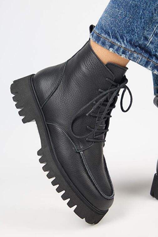 Manijero (Valentina) Kadın Hakiki Deri Bağcıklı Siyah Bot - Görsel 6