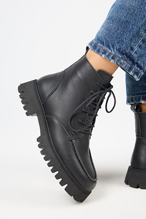 Manijero (Valentina) Kadın Hakiki Deri Bağcıklı Siyah Bot - Görsel 8