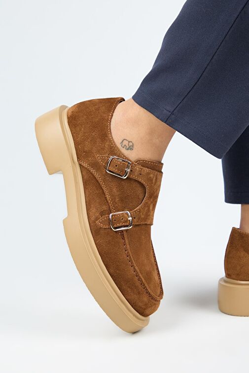 Manijero (Bonni) Kadın Deri Hakiki Deri Çift Tokalı Taba Ayakkabı - Görsel 6