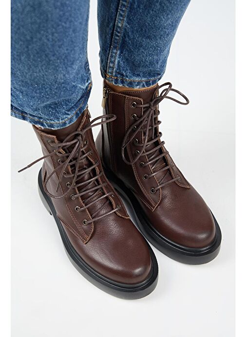 Manijero (Niro) Kadın Deri Hakiki Deri Bağcıklı Koyu Kahve Bot - Görsel 4