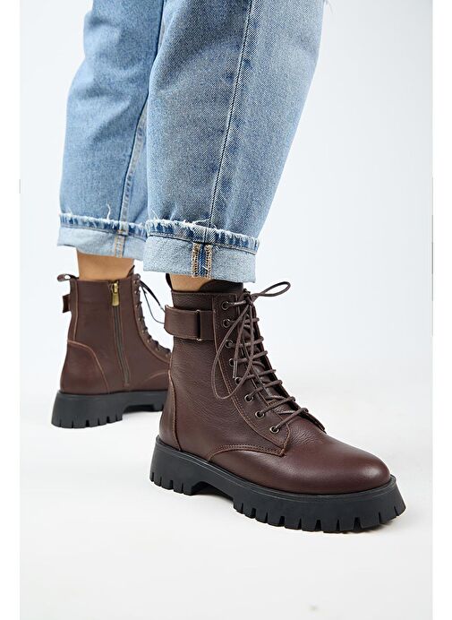 Manijero Adel Kadın Hakiki Deri Bağcıklı İçten Fermuarlı Koyu Kahve Bot - Görsel 2