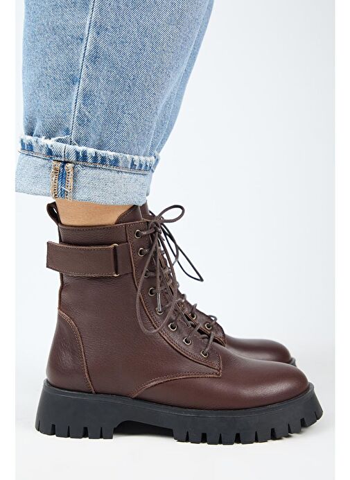 Manijero Adel Kadın Hakiki Deri Bağcıklı İçten Fermuarlı Koyu Kahve Bot - Görsel 3