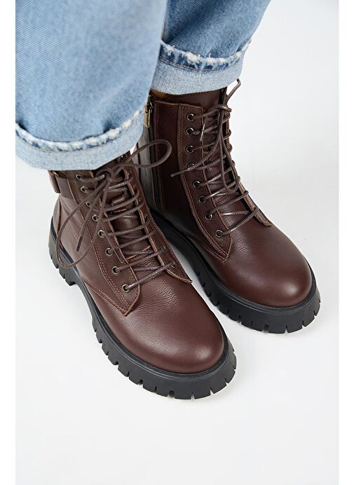 Manijero Adel Kadın Hakiki Deri Bağcıklı İçten Fermuarlı Koyu Kahve Bot - Görsel 4