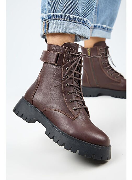 Manijero Adel Kadın Hakiki Deri Bağcıklı İçten Fermuarlı Koyu Kahve Bot - Görsel 6