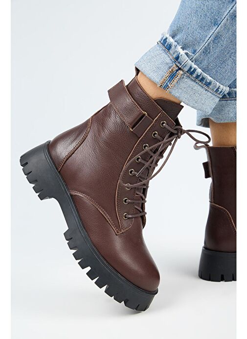 Manijero Adel Kadın Hakiki Deri Bağcıklı İçten Fermuarlı Koyu Kahve Bot - Görsel 7