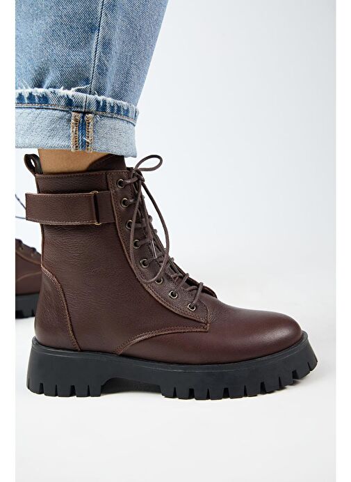 Manijero Adel Kadın Hakiki Deri Bağcıklı İçten Fermuarlı Koyu Kahve Bot - Görsel 8