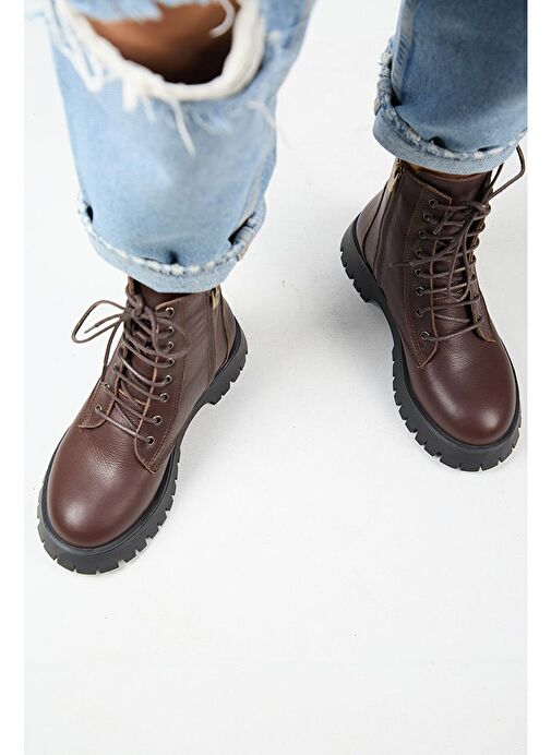 Manijero Adel Kadın Hakiki Deri Bağcıklı İçten Fermuarlı Koyu Kahve Bot - Görsel 9