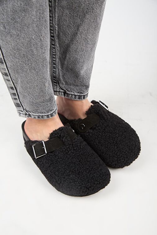 Manijero Siyah Kadın Deri - Kürk Terlik MNJ.105.12 - Görsel 3