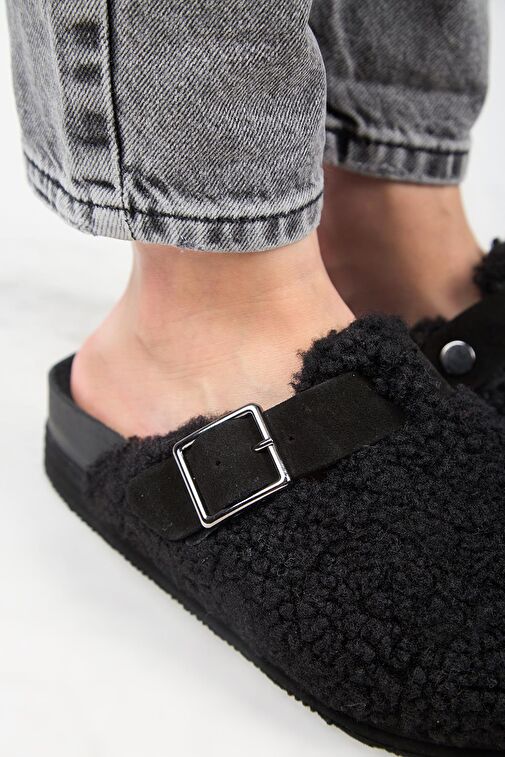 Manijero Siyah Kadın Deri - Kürk Terlik MNJ.105.12 - Görsel 4