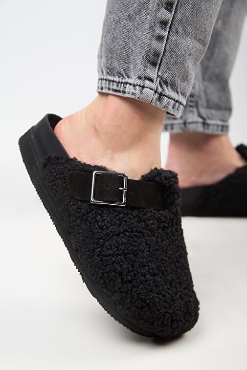 Manijero Siyah Kadın Deri - Kürk Terlik MNJ.105.12 - Görsel 5