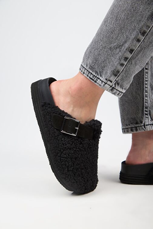 Manijero Siyah Kadın Deri - Kürk Terlik MNJ.105.12 - Görsel 6