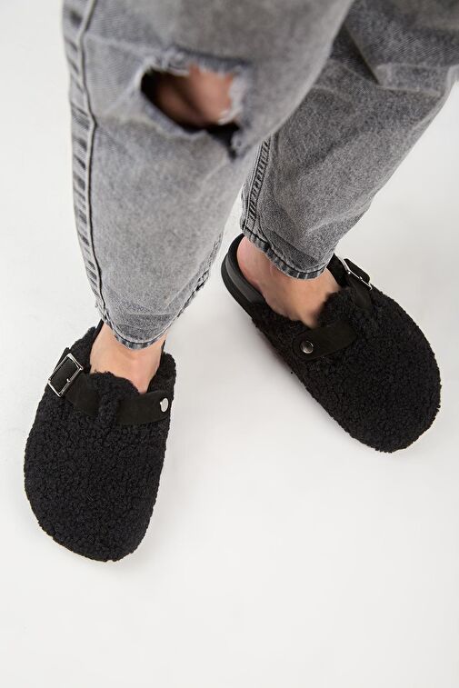 Manijero Siyah Kadın Deri - Kürk Terlik MNJ.105.12 - Görsel 8