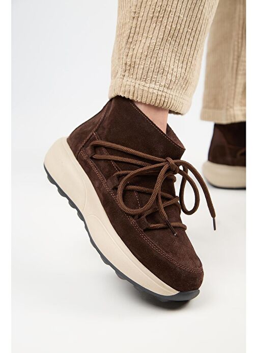 Manijero (Palmira) Kadın Hakiki Deri İçi Kürklü Bağcıklı Mini Kahve Bot - Görsel 2