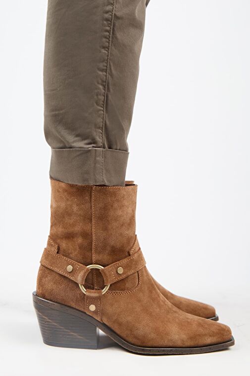 Manijero (Neus) Kadın Hakiki Deri Halkalı Kuşaklı Kovboy Özel Eskitme Deri Taba Bot - Görsel 2