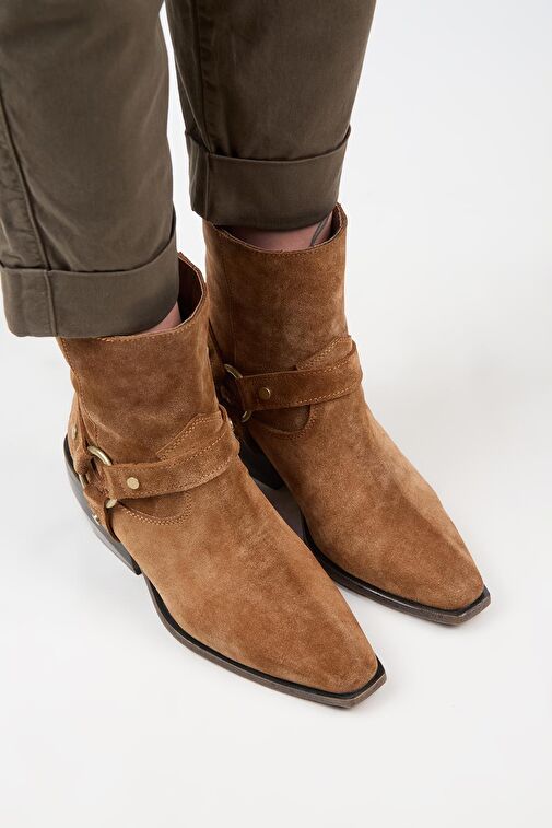 Manijero (Neus) Kadın Hakiki Deri Halkalı Kuşaklı Kovboy Özel Eskitme Deri Taba Bot - Görsel 3