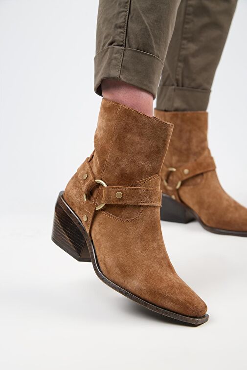 Manijero (Neus) Kadın Hakiki Deri Halkalı Kuşaklı Kovboy Özel Eskitme Deri Taba Bot - Görsel 4