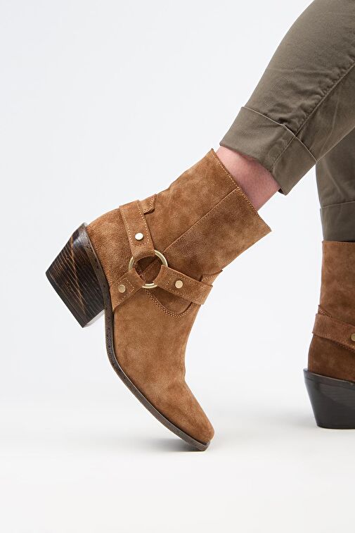 Manijero (Neus) Kadın Hakiki Deri Halkalı Kuşaklı Kovboy Özel Eskitme Deri Taba Bot - Görsel 5