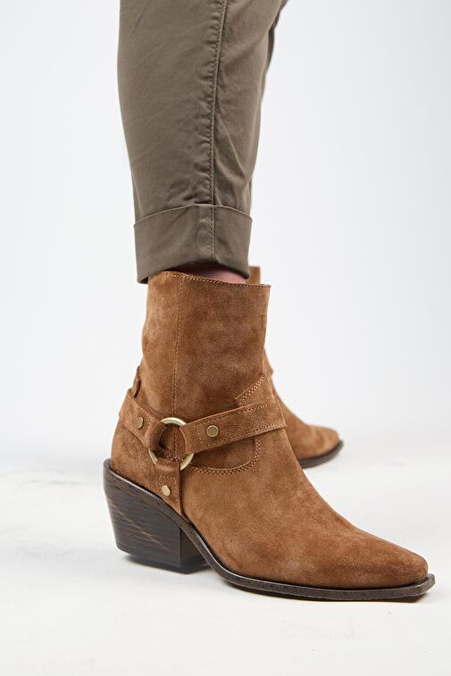 Manijero (Neus) Kadın Hakiki Deri Halkalı Kuşaklı Kovboy Özel Eskitme Deri Taba Bot - Görsel 6