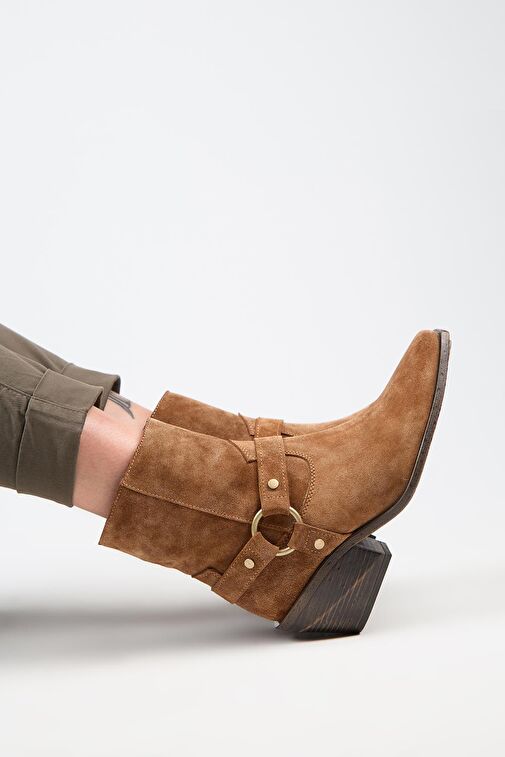 Manijero (Neus) Kadın Hakiki Deri Halkalı Kuşaklı Kovboy Özel Eskitme Deri Taba Bot - Görsel 8