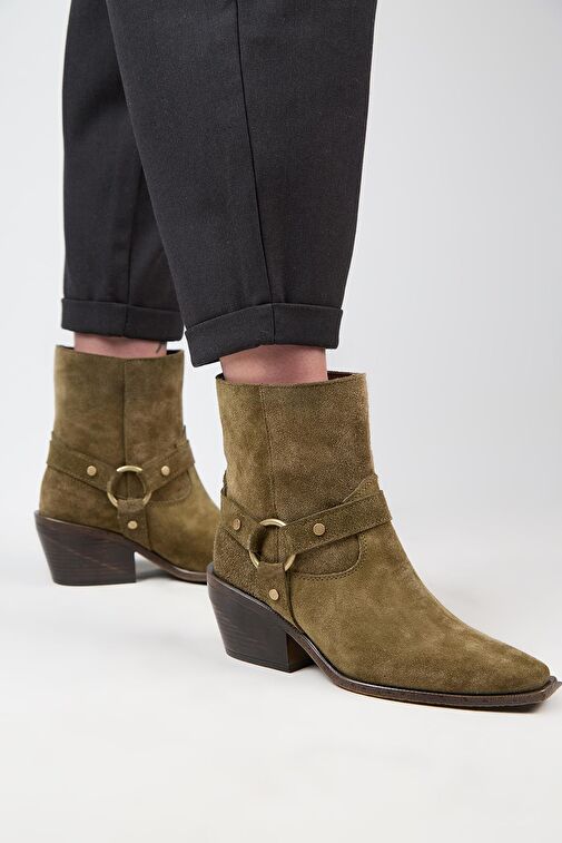 Manijero (Neus) Kadın Hakiki Deri Halkalı Kuşaklı Kovboy Özel Eskitme Deri Haki Bot - Görsel 2