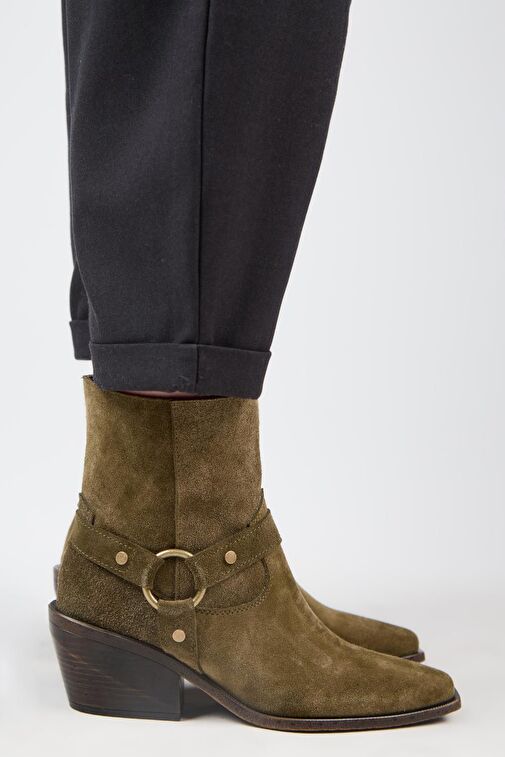 Manijero (Neus) Kadın Hakiki Deri Halkalı Kuşaklı Kovboy Özel Eskitme Deri Haki Bot - Görsel 3