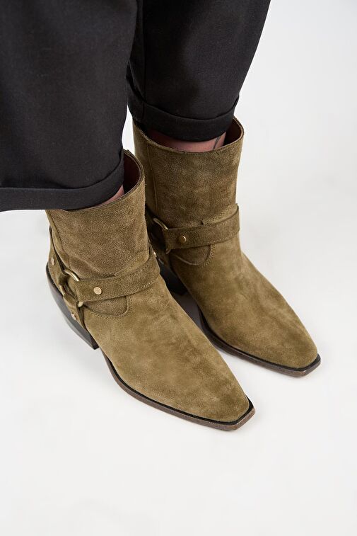 Manijero (Neus) Kadın Hakiki Deri Halkalı Kuşaklı Kovboy Özel Eskitme Deri Haki Bot - Görsel 4