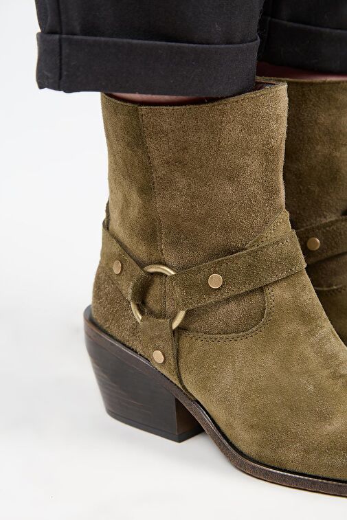 Manijero (Neus) Kadın Hakiki Deri Halkalı Kuşaklı Kovboy Özel Eskitme Deri Haki Bot - Görsel 5