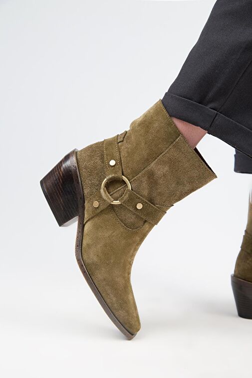 Manijero (Neus) Kadın Hakiki Deri Halkalı Kuşaklı Kovboy Özel Eskitme Deri Haki Bot - Görsel 6