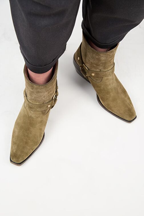 Manijero (Neus) Kadın Hakiki Deri Halkalı Kuşaklı Kovboy Özel Eskitme Deri Haki Bot - Görsel 7