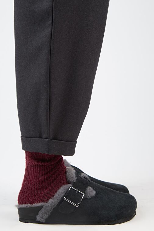 Manijero (Zeta 2 Kürklü ) Kadın Hakiki Deri Kemerli Tokalı Sabo Antrasit Terlik - Görsel 2