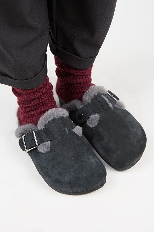 Manijero (Zeta 2 Kürklü ) Kadın Hakiki Deri Kemerli Tokalı Sabo Antrasit Terlik - Görsel 3