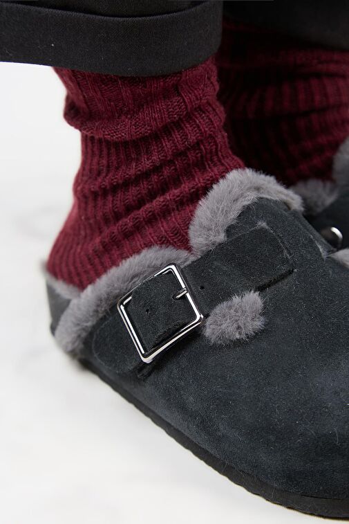 Manijero (Zeta 2 Kürklü ) Kadın Hakiki Deri Kemerli Tokalı Sabo Antrasit Terlik - Görsel 4