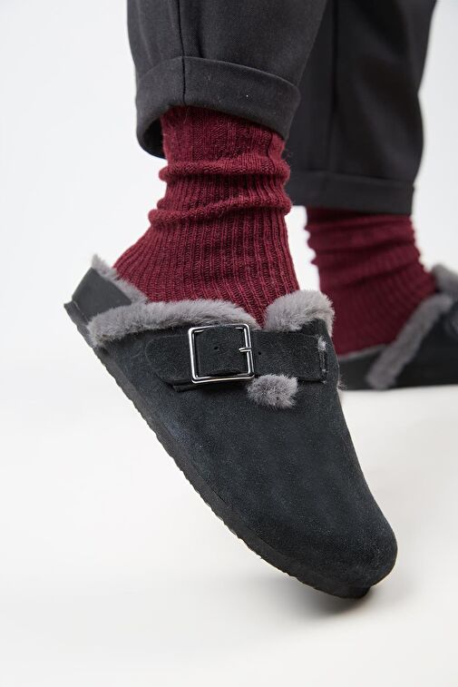 Manijero (Zeta 2 Kürklü ) Kadın Hakiki Deri Kemerli Tokalı Sabo Antrasit Terlik - Görsel 5