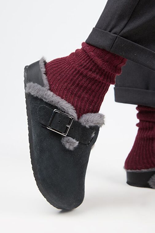 Manijero (Zeta 2 Kürklü ) Kadın Hakiki Deri Kemerli Tokalı Sabo Antrasit Terlik - Görsel 6