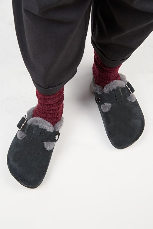 Manijero (Zeta 2 Kürklü ) Kadın Hakiki Deri Kemerli Tokalı Sabo Antrasit Terlik - Görsel 7