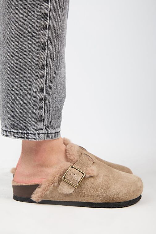 Manijero (Zeta 2 Kürklü ) Kadın Hakiki Deri Kemerli Tokalı Sabo Vizon Terlik - Görsel 2