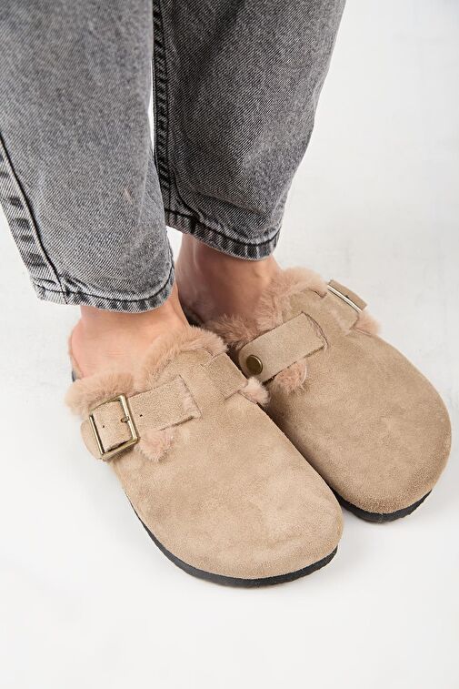 Manijero (Zeta 2 Kürklü ) Kadın Hakiki Deri Kemerli Tokalı Sabo Vizon Terlik - Görsel 3