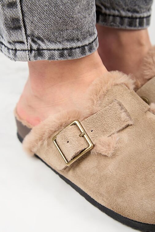 Manijero (Zeta 2 Kürklü ) Kadın Hakiki Deri Kemerli Tokalı Sabo Vizon Terlik - Görsel 4